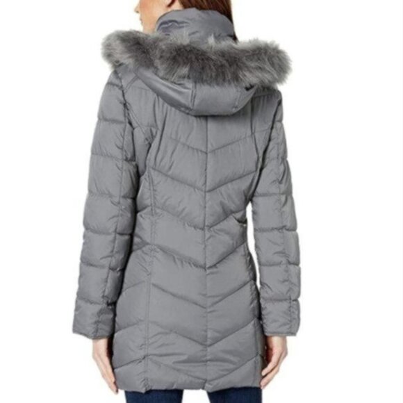 🛍️ Kenneth Cole New York Gray Chevron Puffer Long Winter Coat Jacket Fur Trim S - Picture 3 of 12